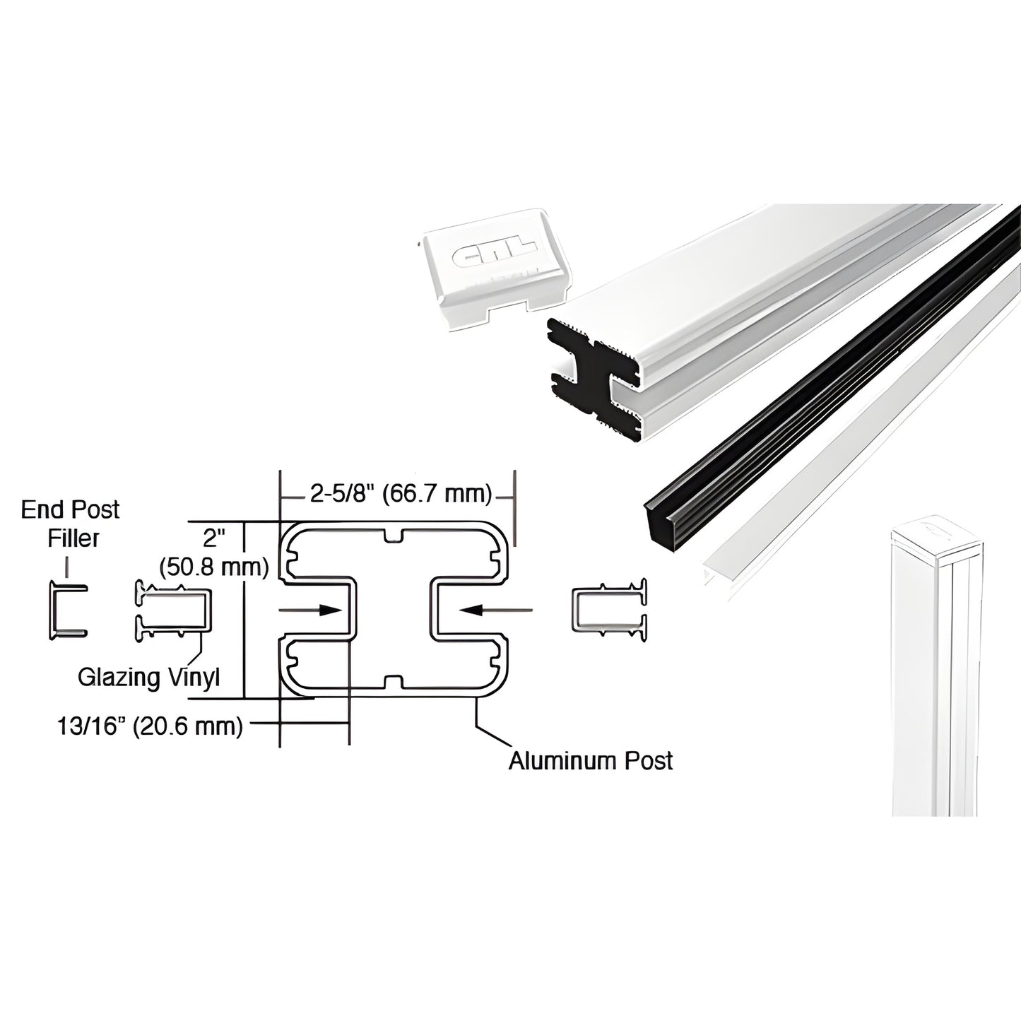 S60EKW Sky White aluminum rectangular 60" end post kit for glass railing, includes cap and glazing vinyl, fits 1/4-1/2" glass