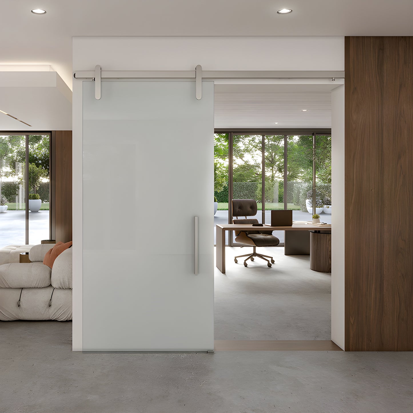 LAT34HEMBS Hemisphere sliding door hardware, brushed stainless, 96in track for 3/8-1/2" tempered glass.