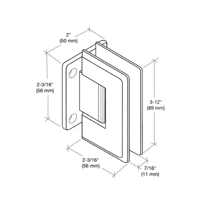 Brushed bronze brass Pinnacle shower hinge (SKU P1N074BBRZ), short back plate, beveled edge, fits 8-12mm tempered glass.