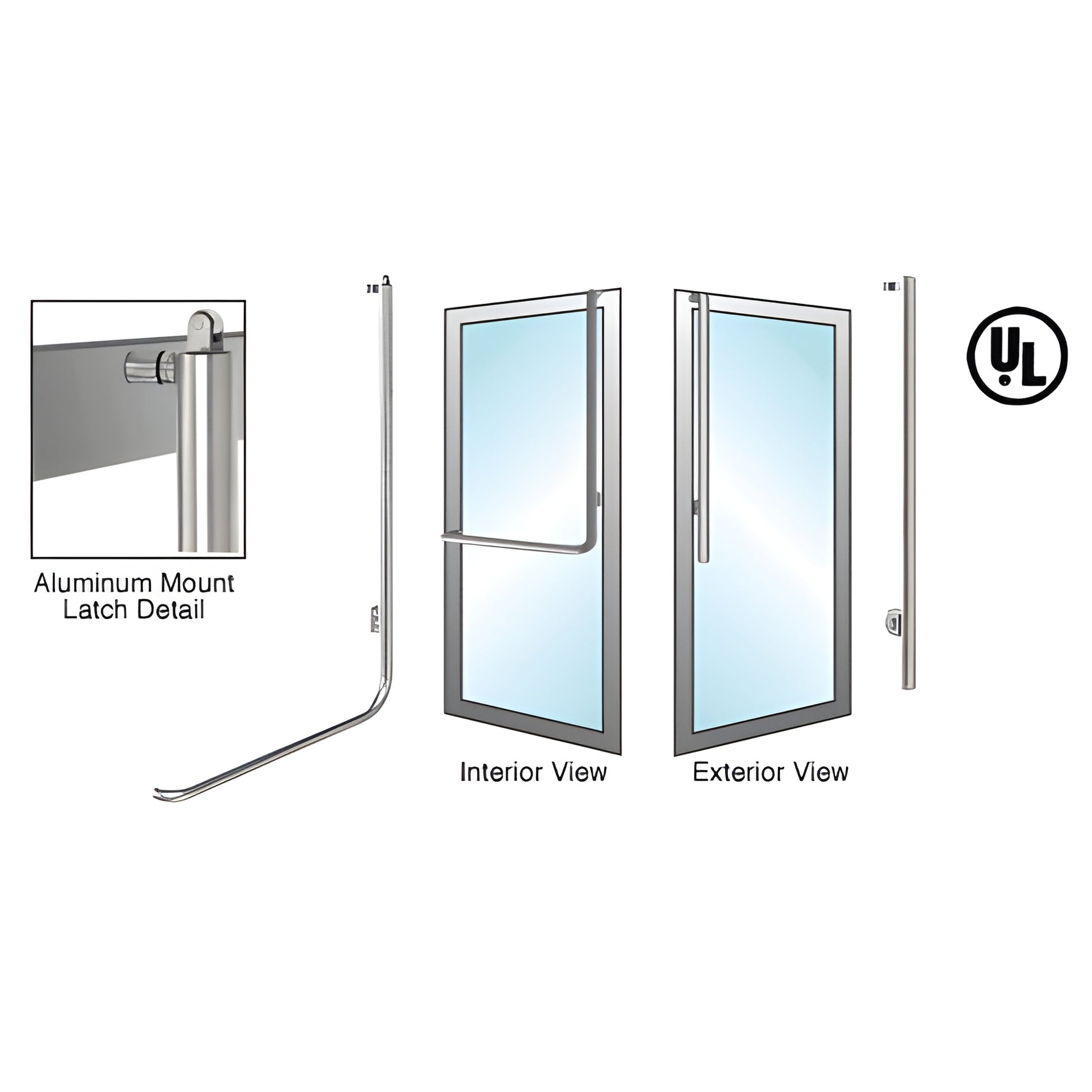 Brushed stainless tubular panic exit handle for 1/2"-3/4" tempered glass doors, interior push bar, ADA compliant (PA100JS3APB