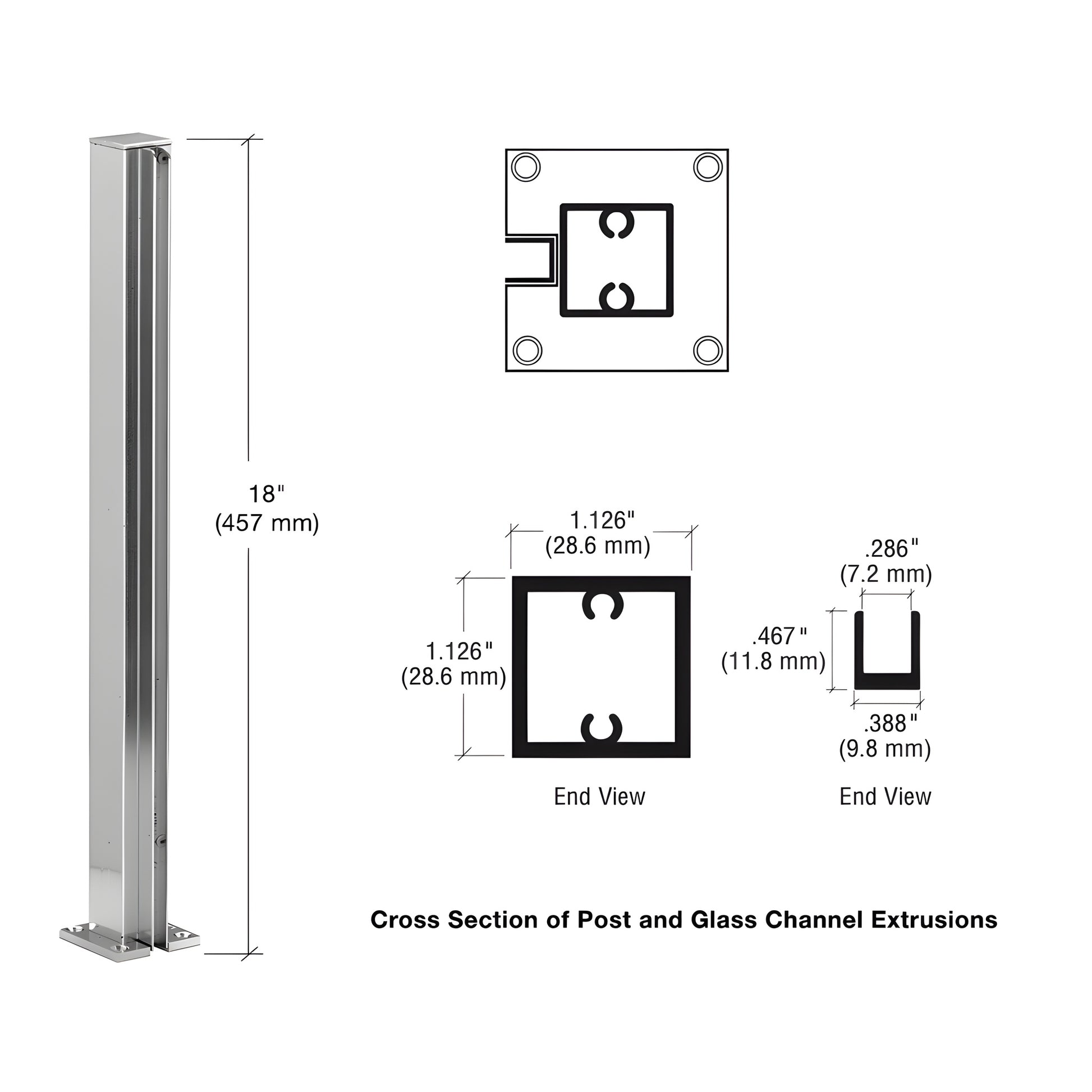 CRL Design Series 18 in bright anodized aluminum square partition post with U channel for 1/4" glass, SKU D990BA18E