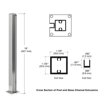 CRL Design Series 18 in bright anodized aluminum square partition post with U channel for 1/4" glass, SKU D990BA18E