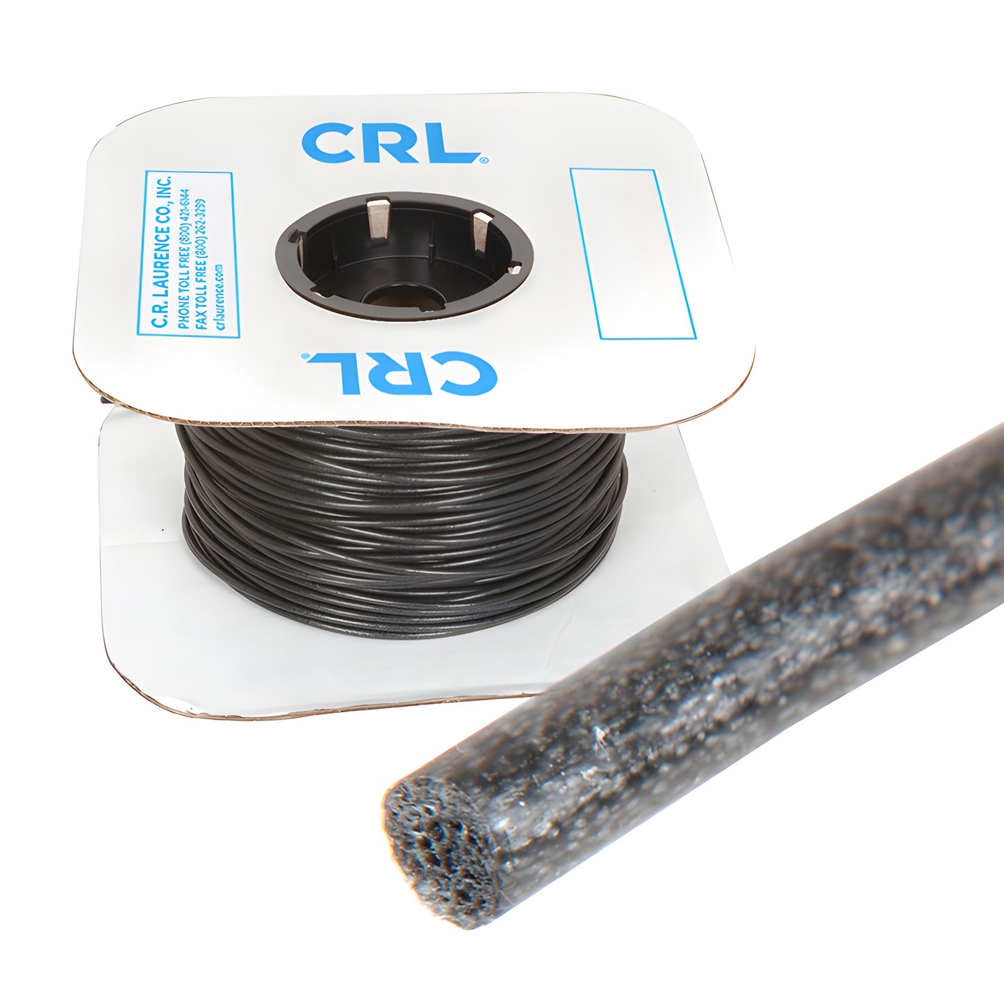 Black foam-core screen spline on CRL spool (500' roll), close-up of coiled spline and cut end - SKU FSS200