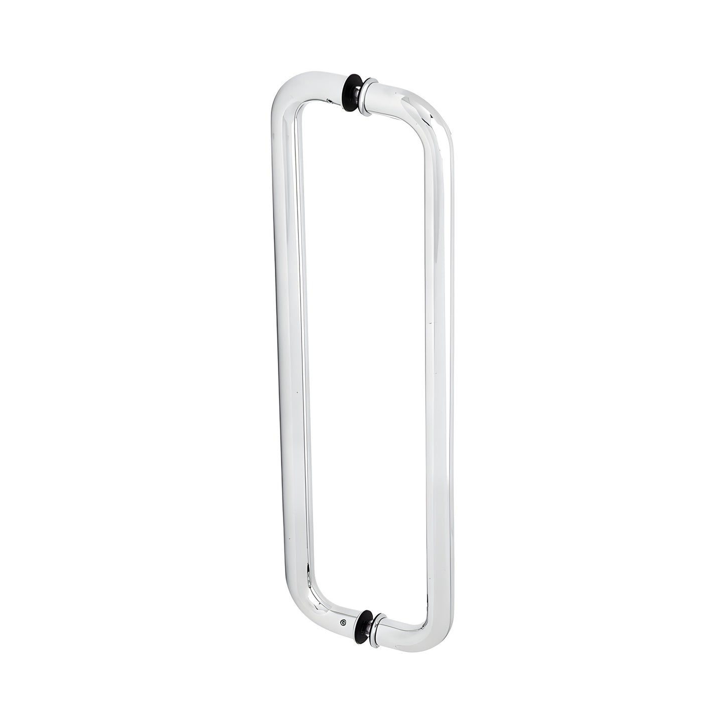 Polished stainless steel glass-mounted pull handle, 18 in center-to-center, fits 3/8-3/4 in tempered glass.