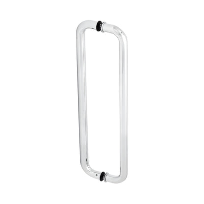 Polished stainless steel glass-mounted pull handle, 18 in center-to-center, fits 3/8-3/4 in tempered glass.