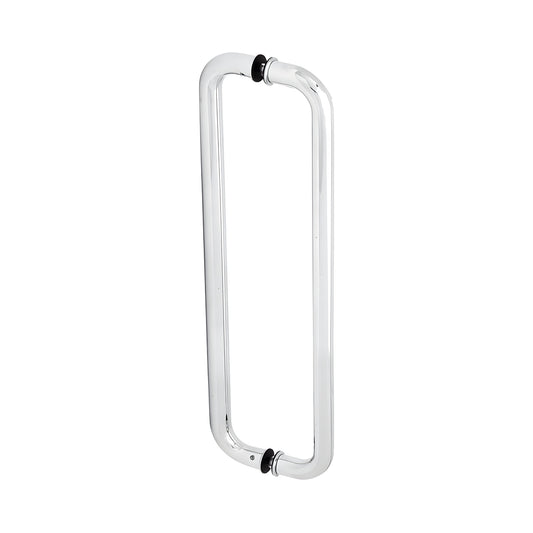 Polished stainless steel glass-mounted pull handle, 18 in center-to-center, fits 3/8-3/4 in tempered glass.
