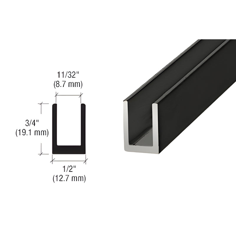 Matte black aluminum U-channel (SDCD516MBL) for 5/16 (8mm) glass, 95 length, 3/4 high, 1/2 wide
