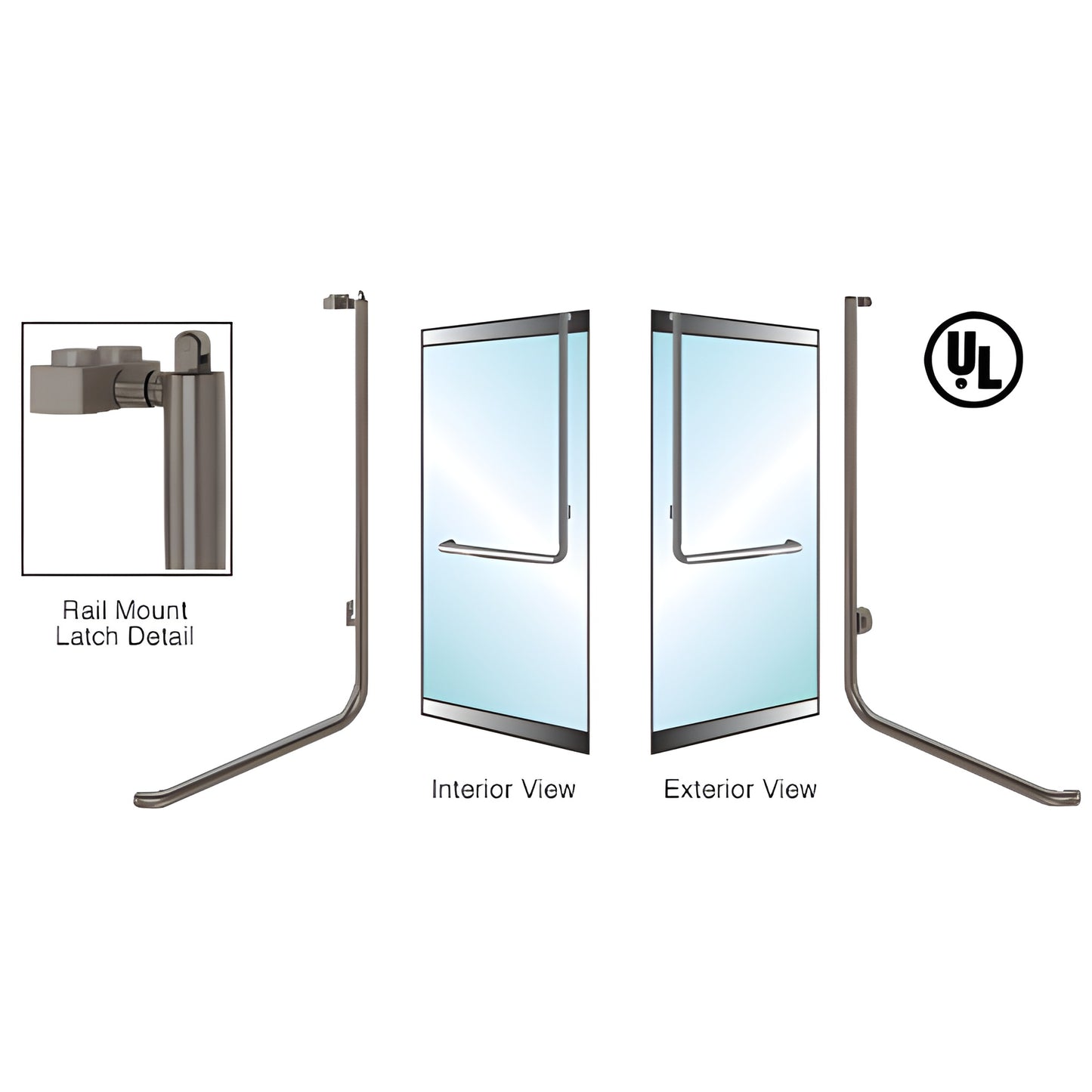 PA100 panic handle, oil-rubbed bronze low-profile rail mount panic bar for 1/2-3/4 glass doors, interior/exterior views
