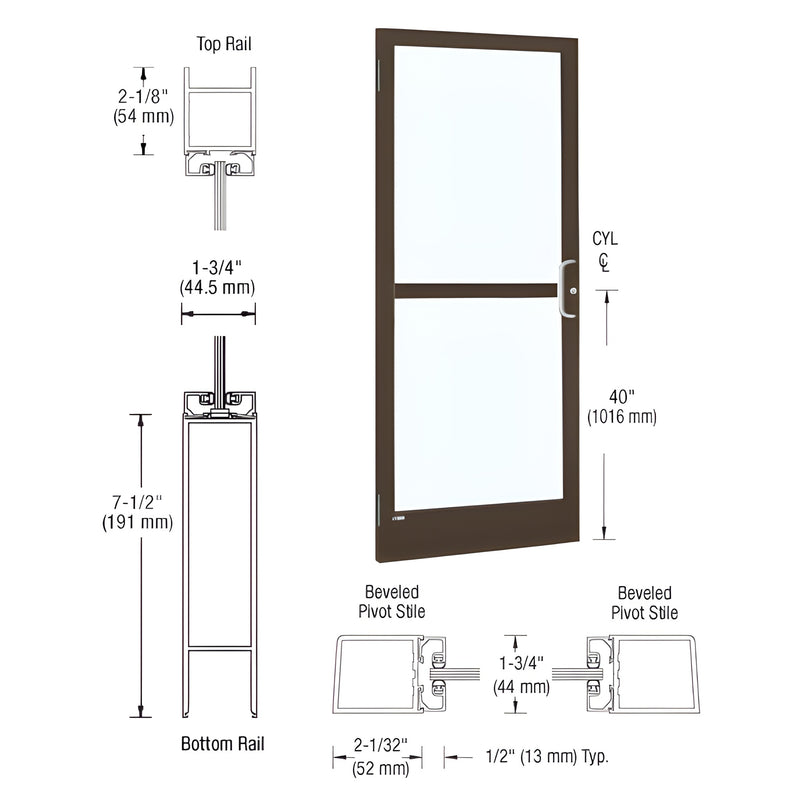Black bronze narrow-stile aluminum entrance door with glass, 2" stiles and 7.5" bottom rail. SKU HZ21522