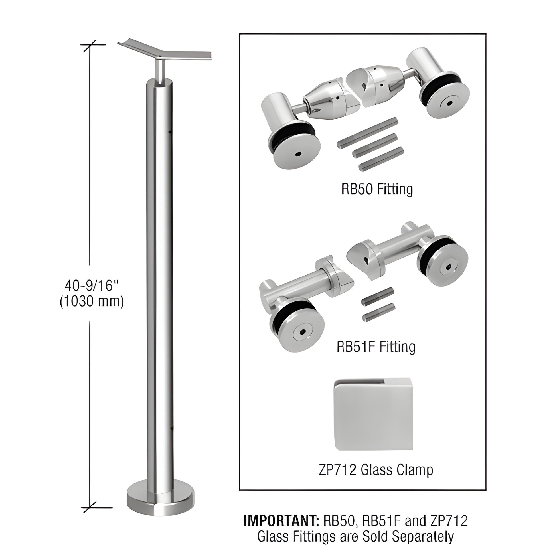 Polished stainless surface-mounted post, 40-9/16 in tall with base plate; glass fittings sold separately. SKU P7F42APS