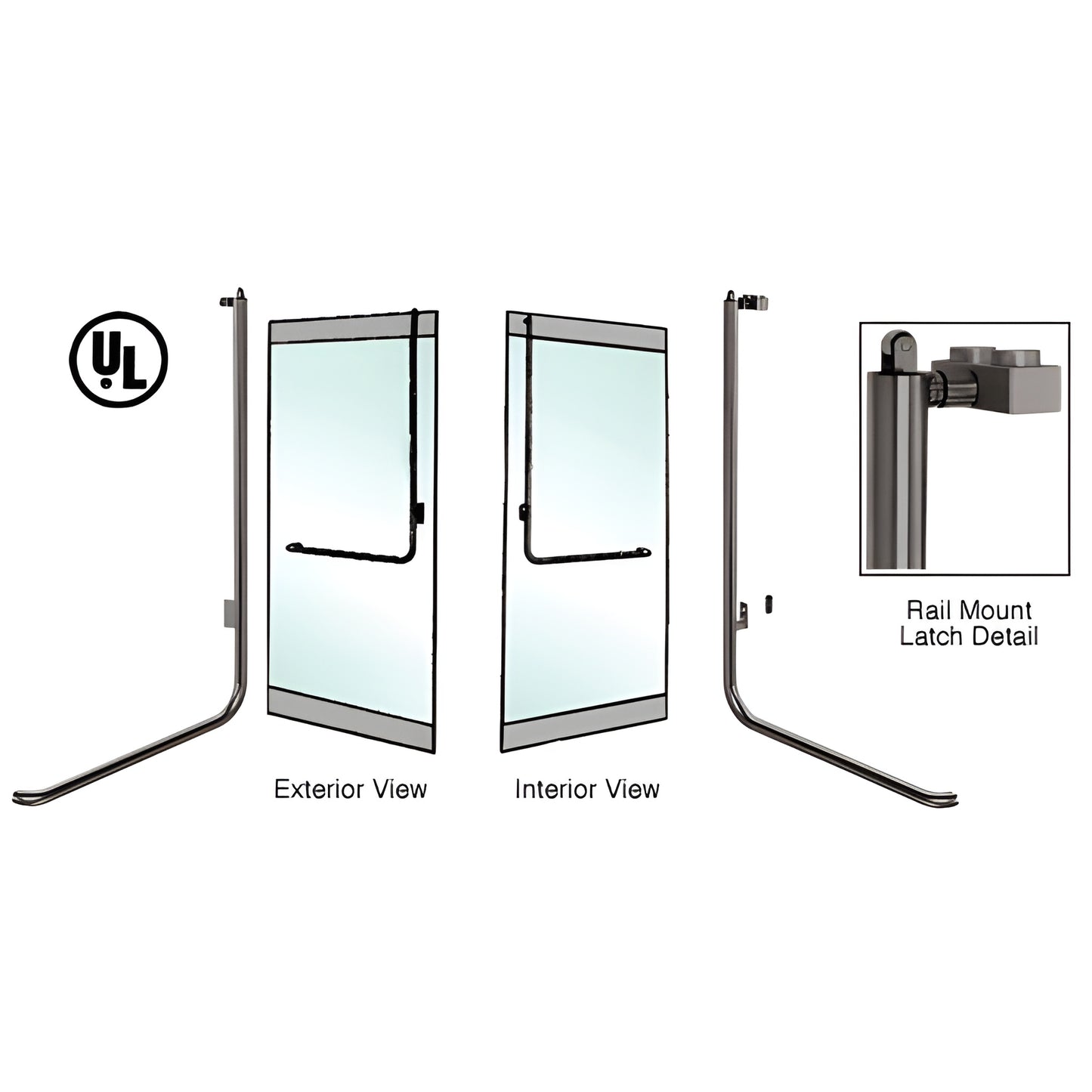 Oil rubbed bronze PA100 tubular panic handle for 1/2 or 3/4-inch tempered glass doors; interior/exterior views and rail-mount