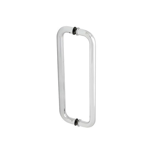 Polished stainless steel back-to-back glass door pull, 12 in center-to-center, 1 in diameter for 3/8-3/4 in glass.