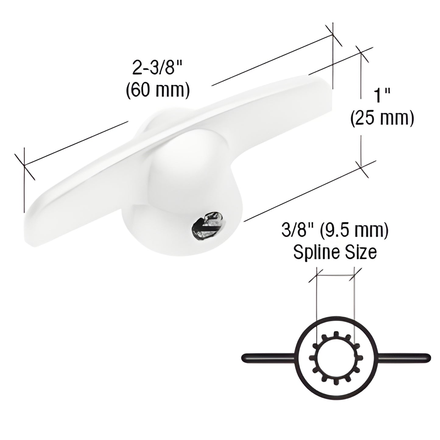 White diecast T-crank window handle (SKU H3814), 2-3/8" long, 1" high, 3/8" spline - Pella casement replacement.
