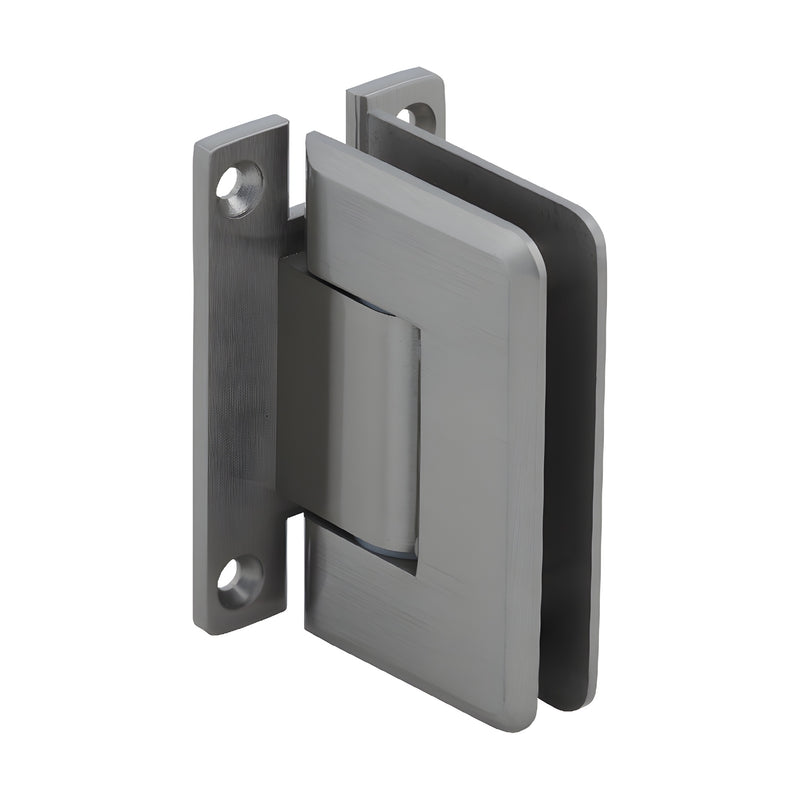 Brushed nickel Pinnacle adjustable shower door hinge (SKU P1N337BN), brass wall-mount H back plate for 8-12mm glass