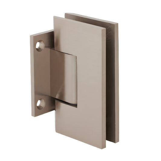 Brushed nickel Vienna shower door hinge (SKU V1E074BN) - short back plate wall-mount for 3/8-1/2 tempered glass.