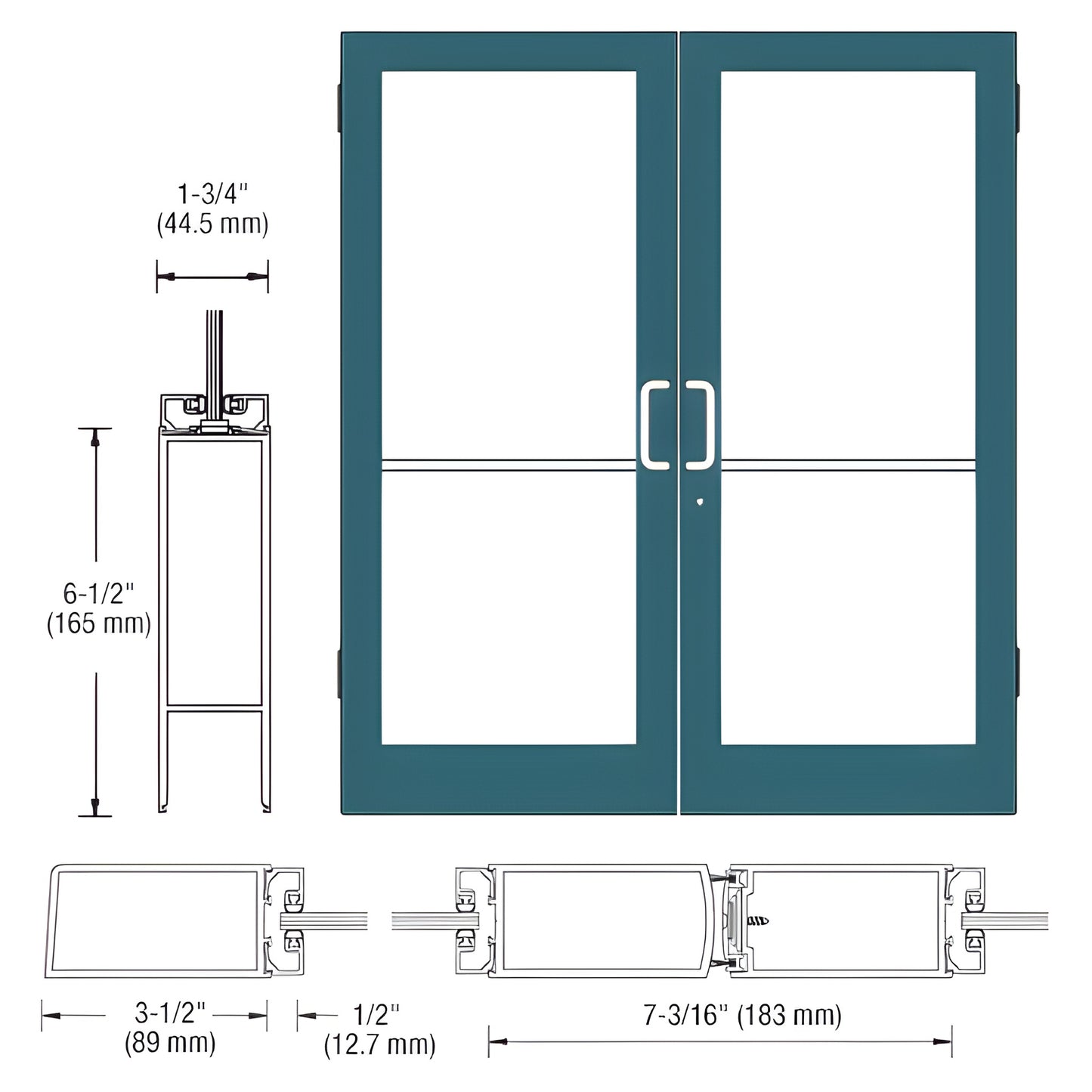 DC42571 double commercial medium stile entrance door in custom Kynar teal, tempered glass panels with hardware.