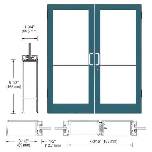 DC42571 double commercial medium stile entrance door in custom Kynar teal, tempered glass panels with hardware.