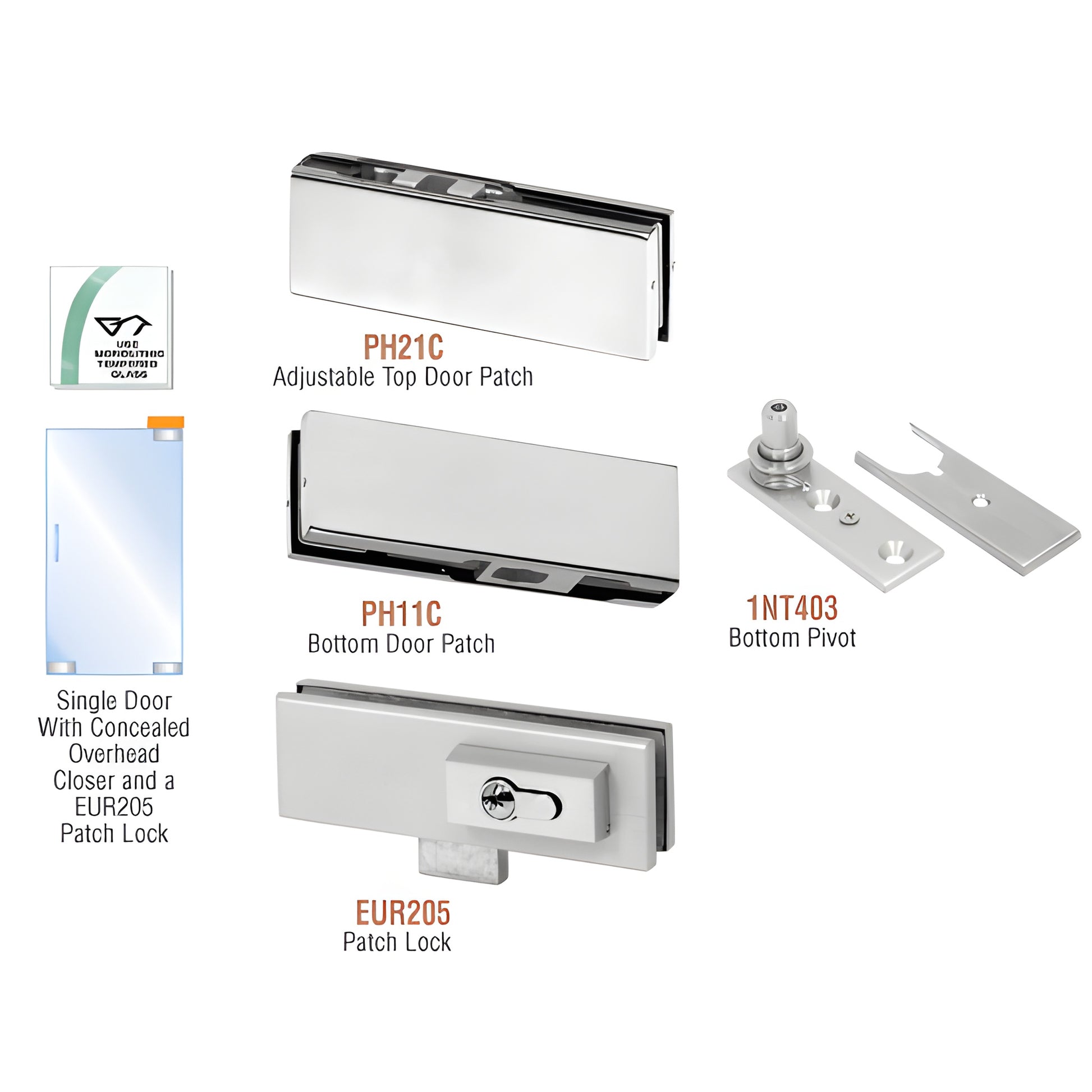 PHE2LBS stainless patch kit for single frameless glass door, adjustable top patch, bottom pivot and lock
