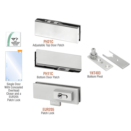PHE2LBS stainless patch kit for single frameless glass door, adjustable top patch, bottom pivot and lock