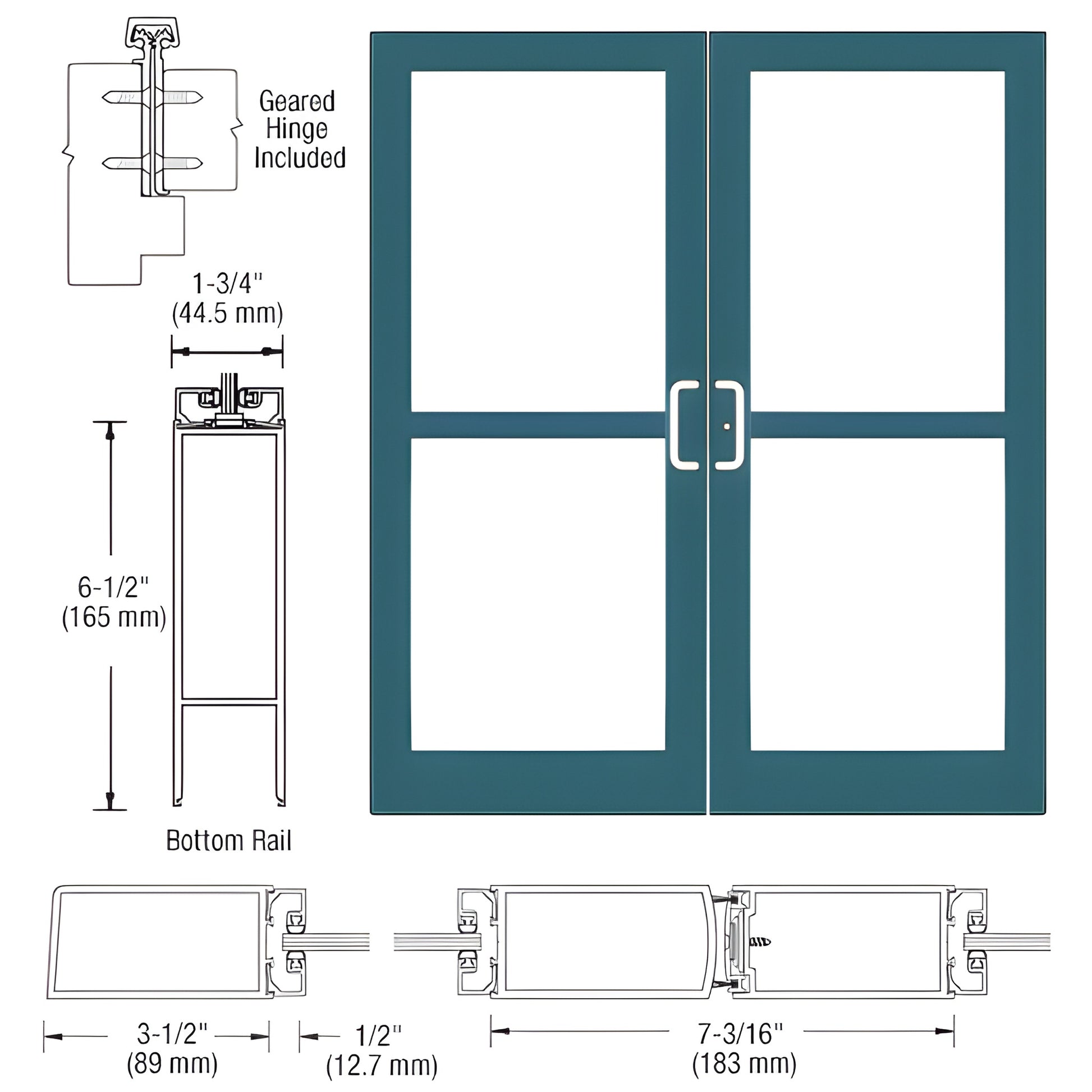 Double teal medium-stile commercial entrance door with four glass panels, center pull handles, SKU DZ42871.