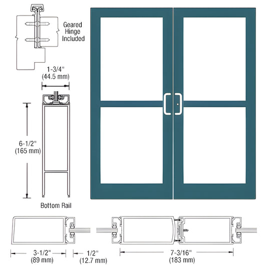Double teal medium-stile commercial entrance door with four glass panels, center pull handles, SKU DZ42871.