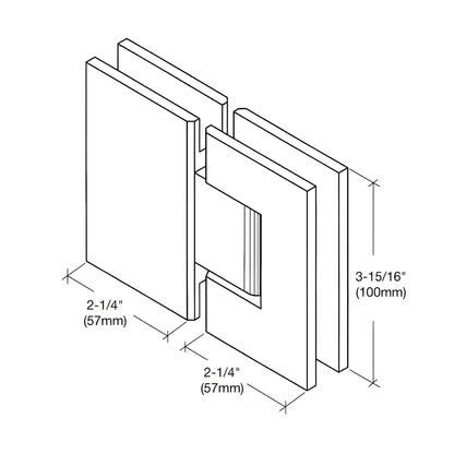 Vienna 180 glass-to-glass shower hinge, solid unlacquered brass square design for 3/8-1/2 glass.