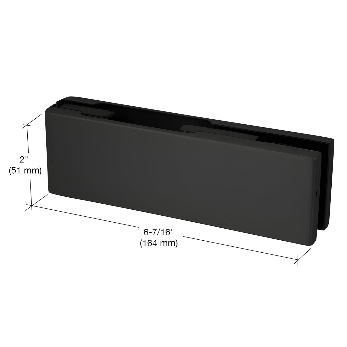 Matte black EUR201MBL patch fitting for frameless glass doors, top or bottom use, 2" high, fits 3/8" or 1/2" glass.