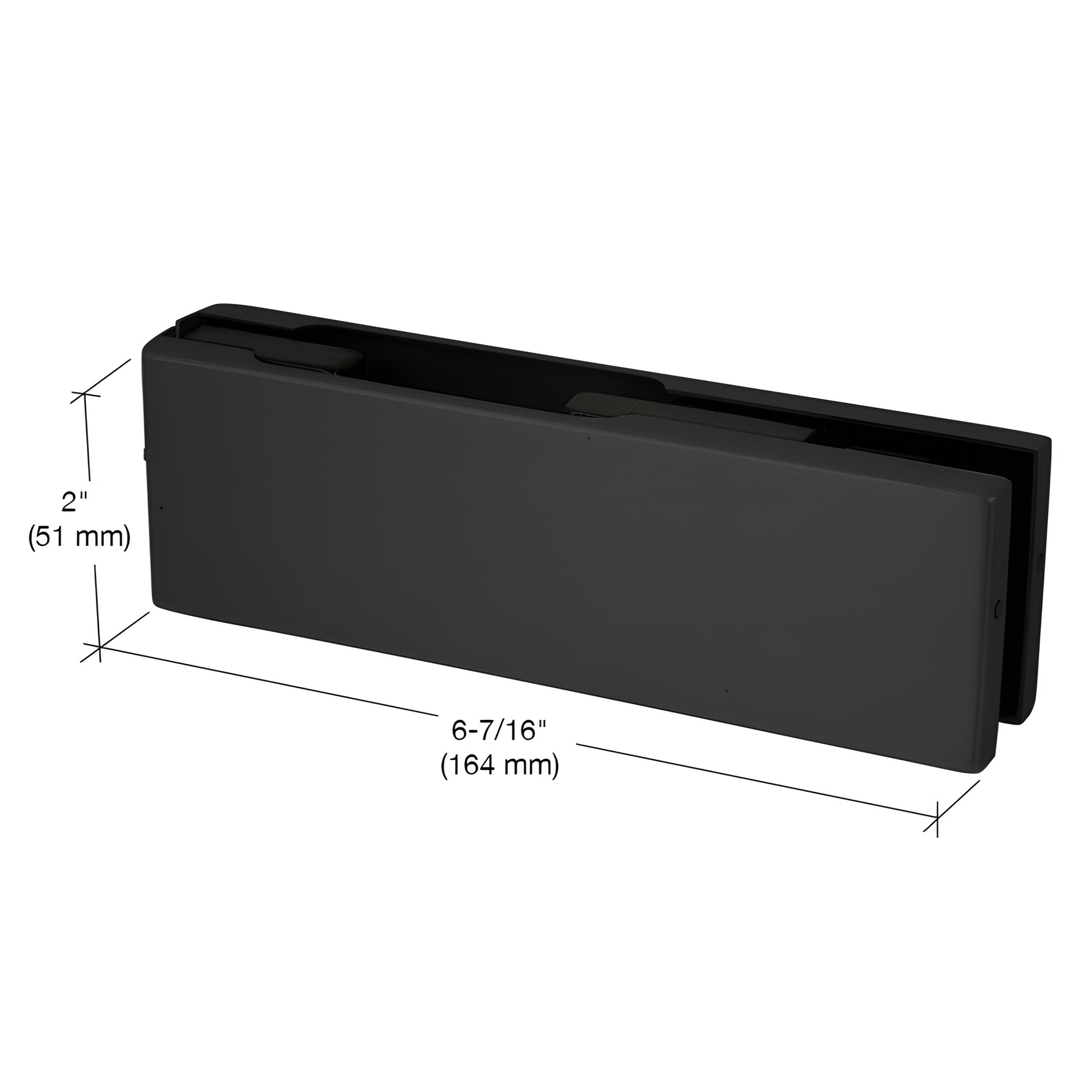 Matte black EUR201MBL patch fitting for frameless glass doors, top or bottom use, 2" high, fits 3/8" or 1/2" glass.