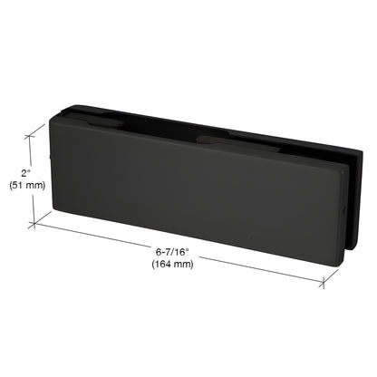Matte black EUR201MBL patch fitting for frameless glass doors, top or bottom use, 2" high, fits 3/8" or 1/2" glass.