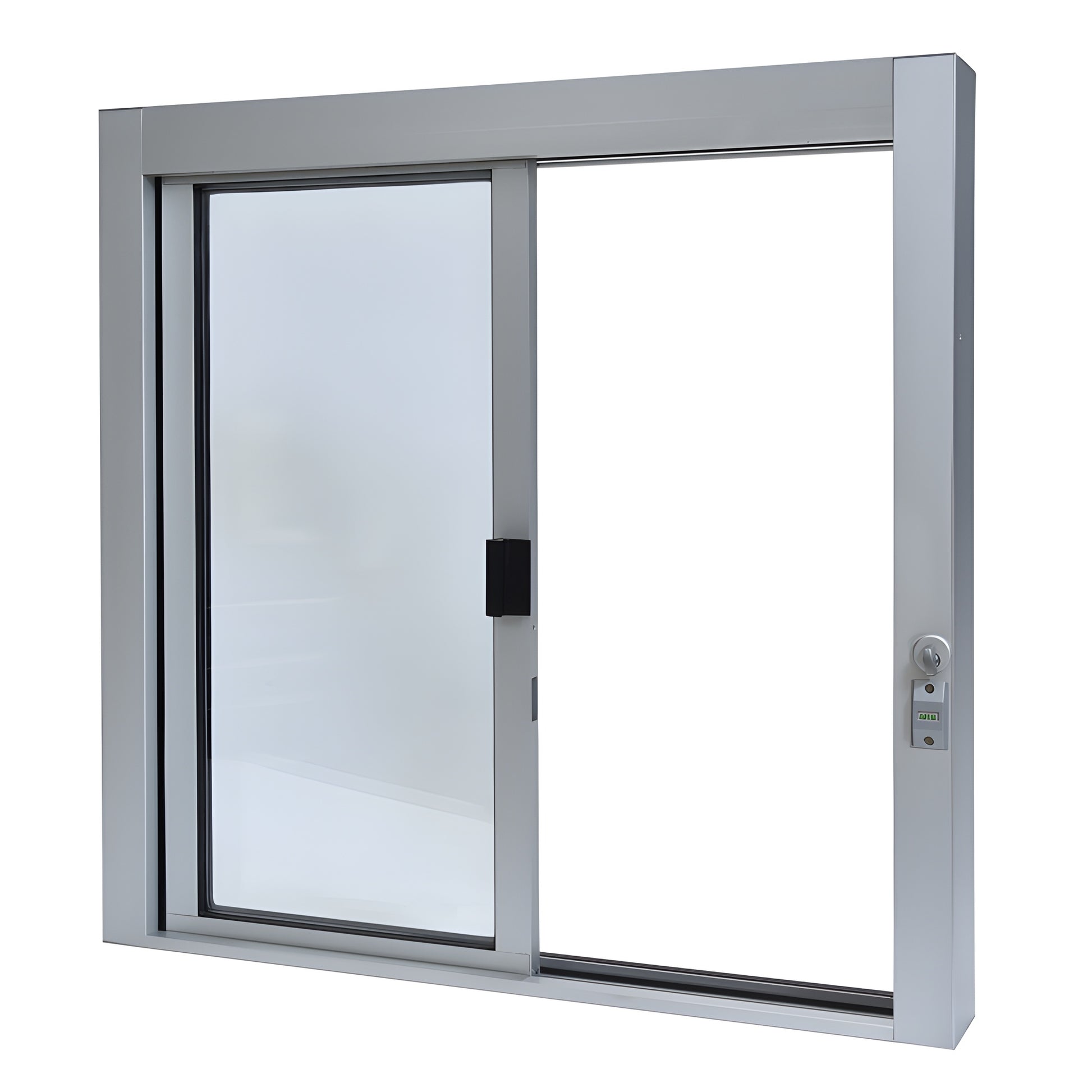 SCDW36360XGA self-closing satin-anodized aluminum service window, 36x36, sliding OX panel, 1/4" tempered glass, thumbturn loc