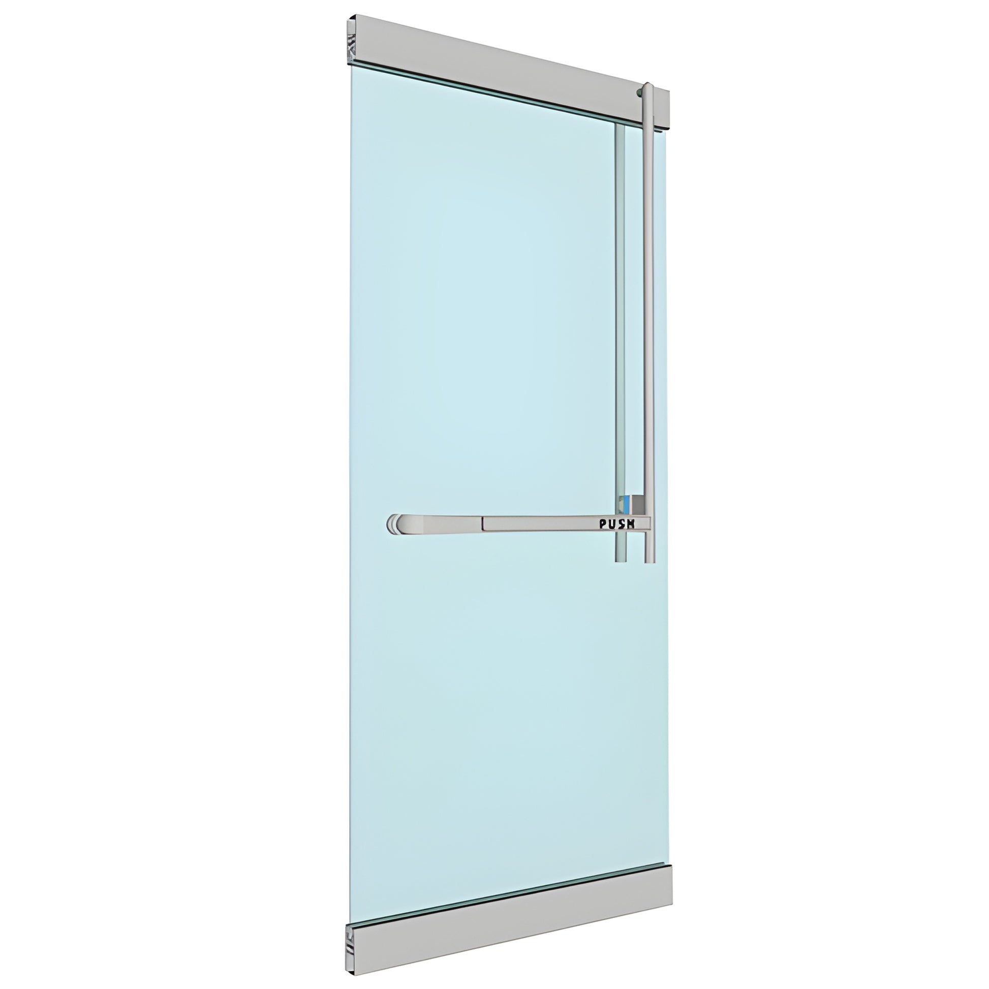 PA320JS3RKBS stainless steel PA-320 panic device on glass door, DRS rail mount, right-hand reverse, brushed finish.