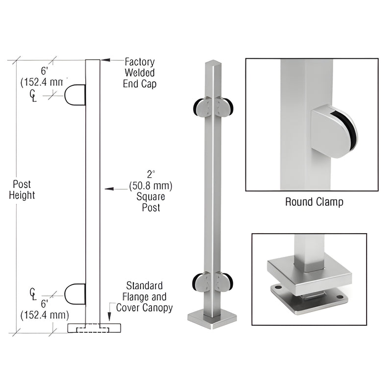 SPR36LBS stainless steel 2 in square post kit with base plate, cover canopy and round glass clamps, 36 in tall