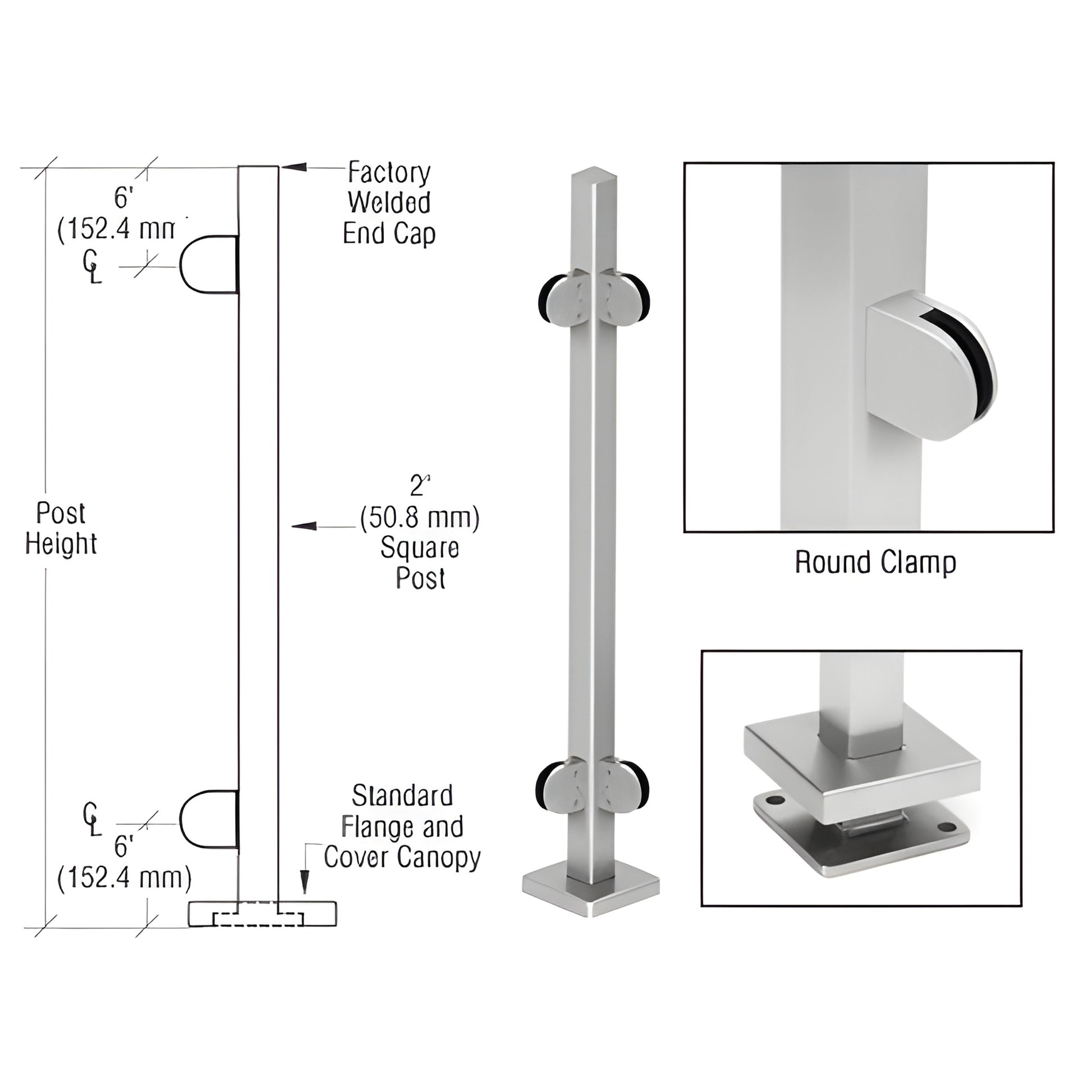 SPR42LBS stainless steel 2" square glass clamp post kit with round Z-clamps, base plate canopy, for 1/2" tempered glass