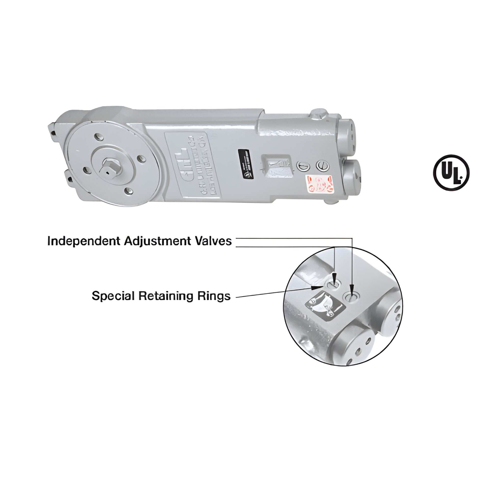 CRL7770 overhead concealed door closer, gray metal with diamond spindle, independent adjustment valves, special retaining rin