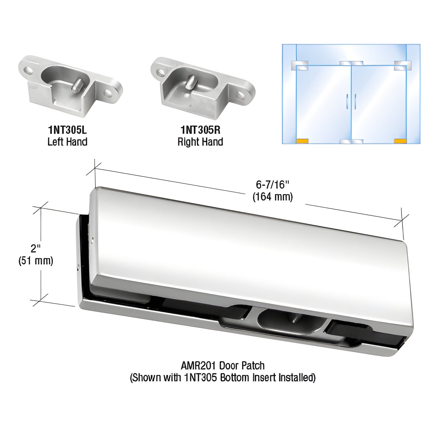PH11ELPS polished stainless steel AMR201 bottom pivot patch kit for 3/8-1/2" tempered glass doors, includes left-hand insert.