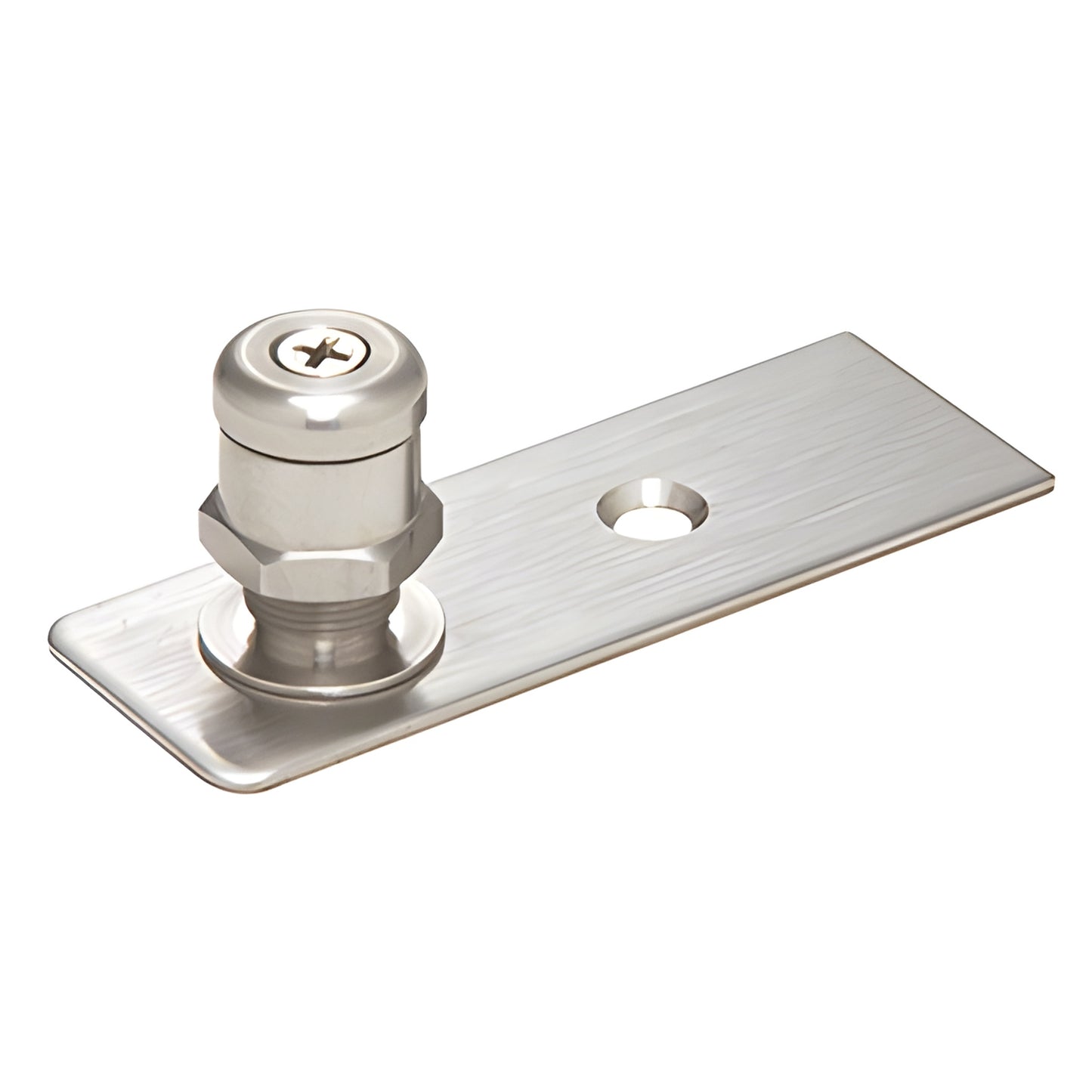 Brushed stainless steel floor-mounted free-swing pivot on rectangular plate for frameless glass doors, SKU 1NT407BS