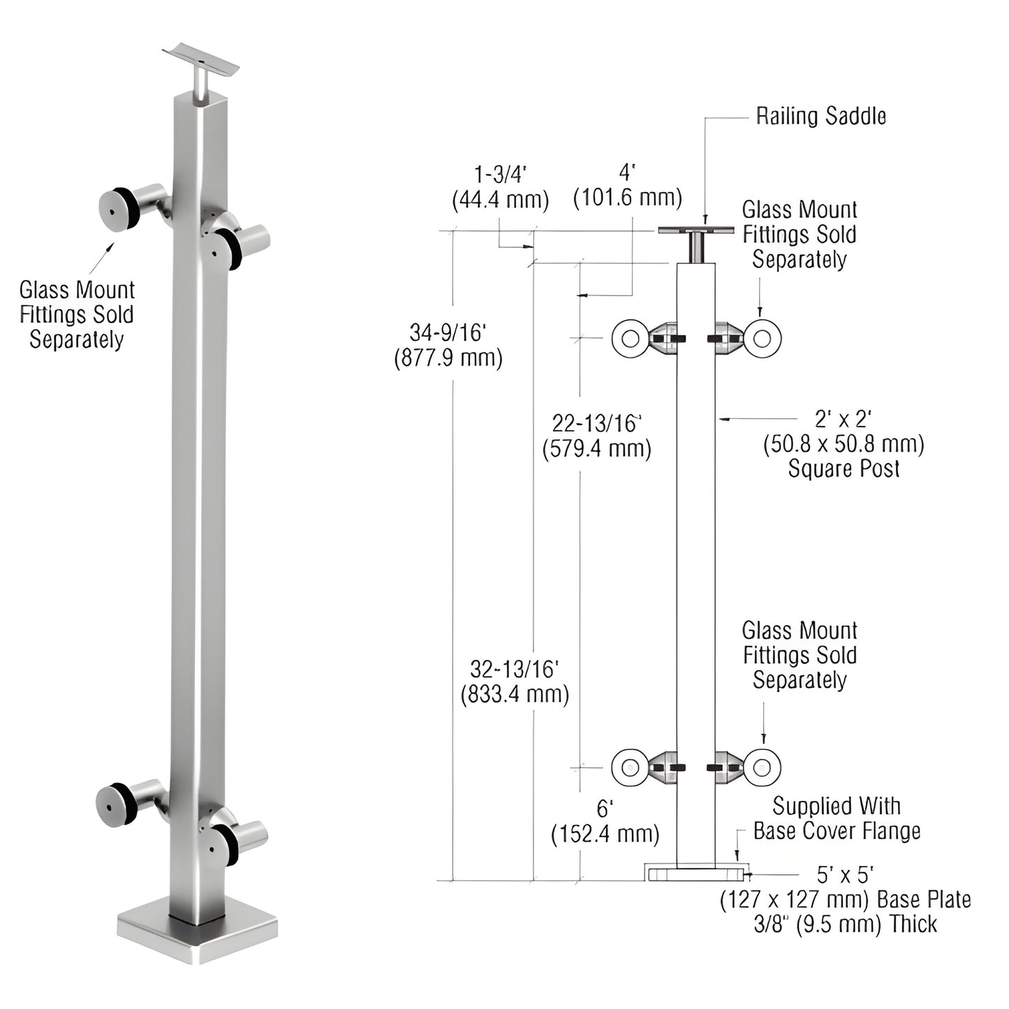 P136CPS polished 316 stainless 2-inch square surface-mounted post with 5x5 base plate and saddle, for glass/handrail