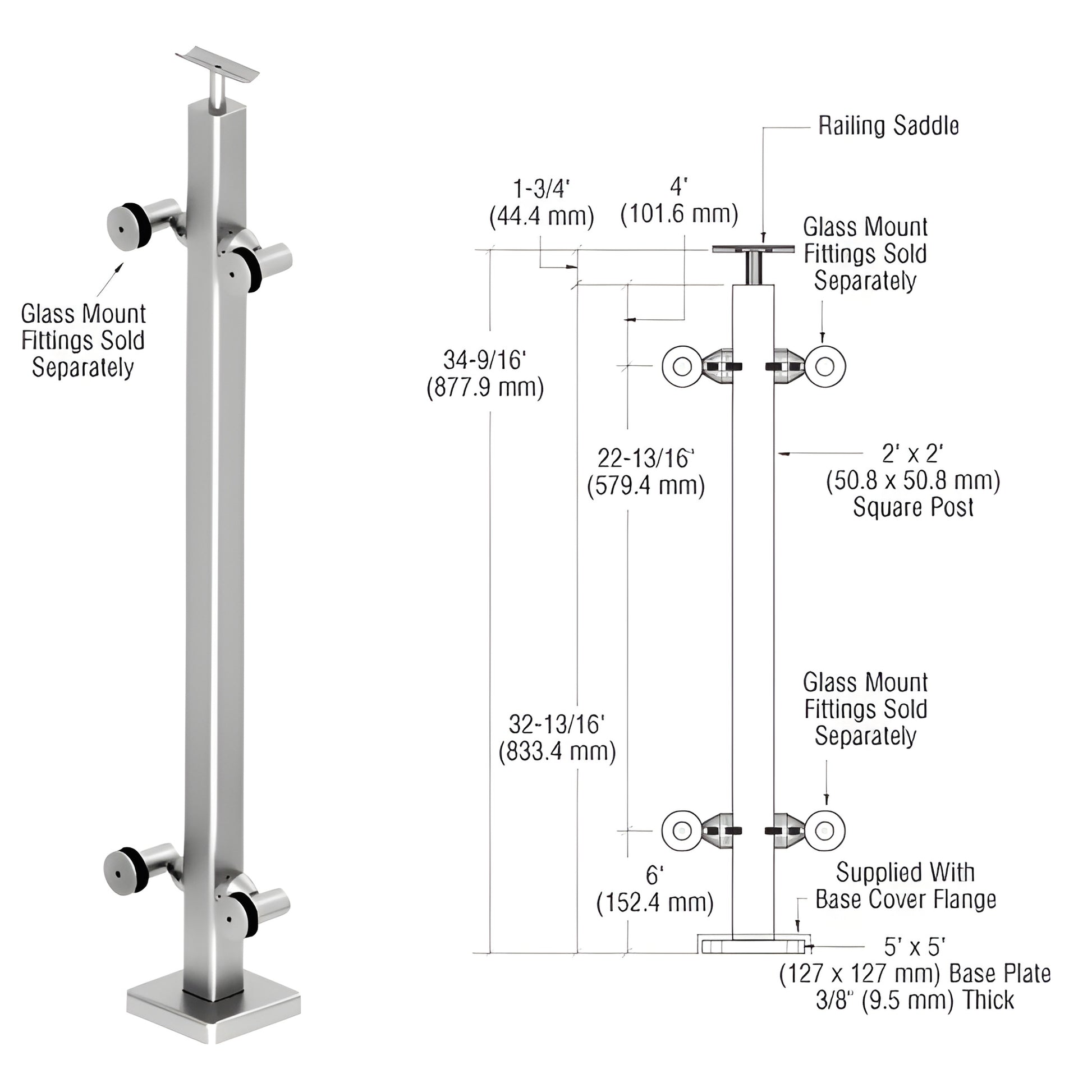 P136CPS polished 316 stainless 2-inch square surface-mounted post with 5x5 base plate and saddle, for glass/handrail