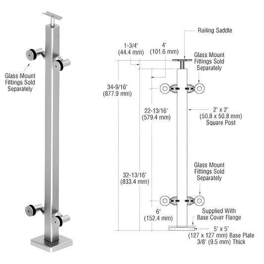 P136CPS polished 316 stainless 2-inch square surface-mounted post with 5x5 base plate and saddle, for glass/handrail