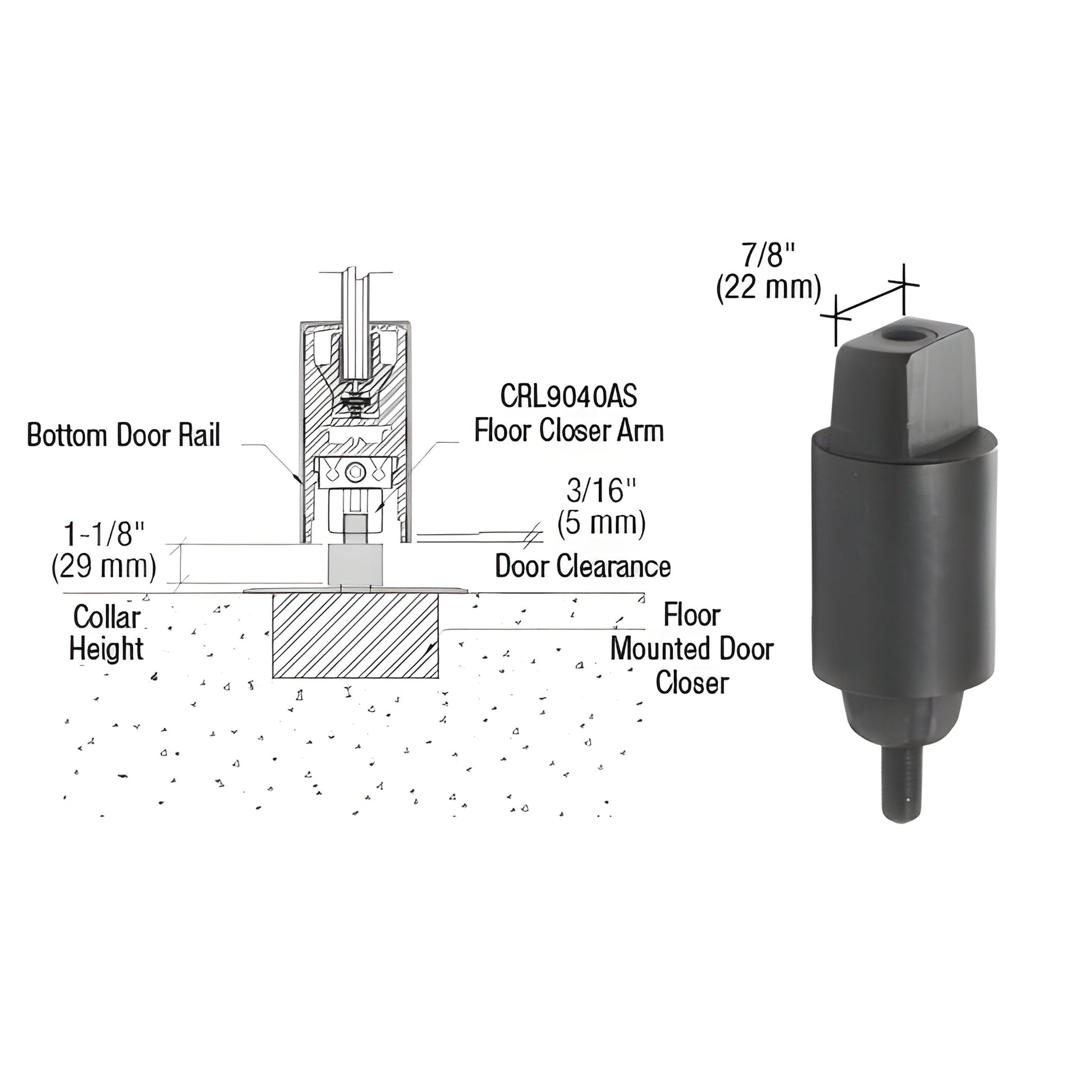 CRL9040S28 flat tapered aluminum floor closer spindle, replacement for Jackson 900/Dorma BTS80, 1-1/4" collar height