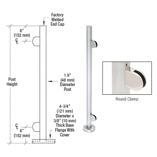 Stainless steel round glass-clamp post kit PR42EPS - 1.9" dia post with base plate, cover and Z-series round glass clamps.
