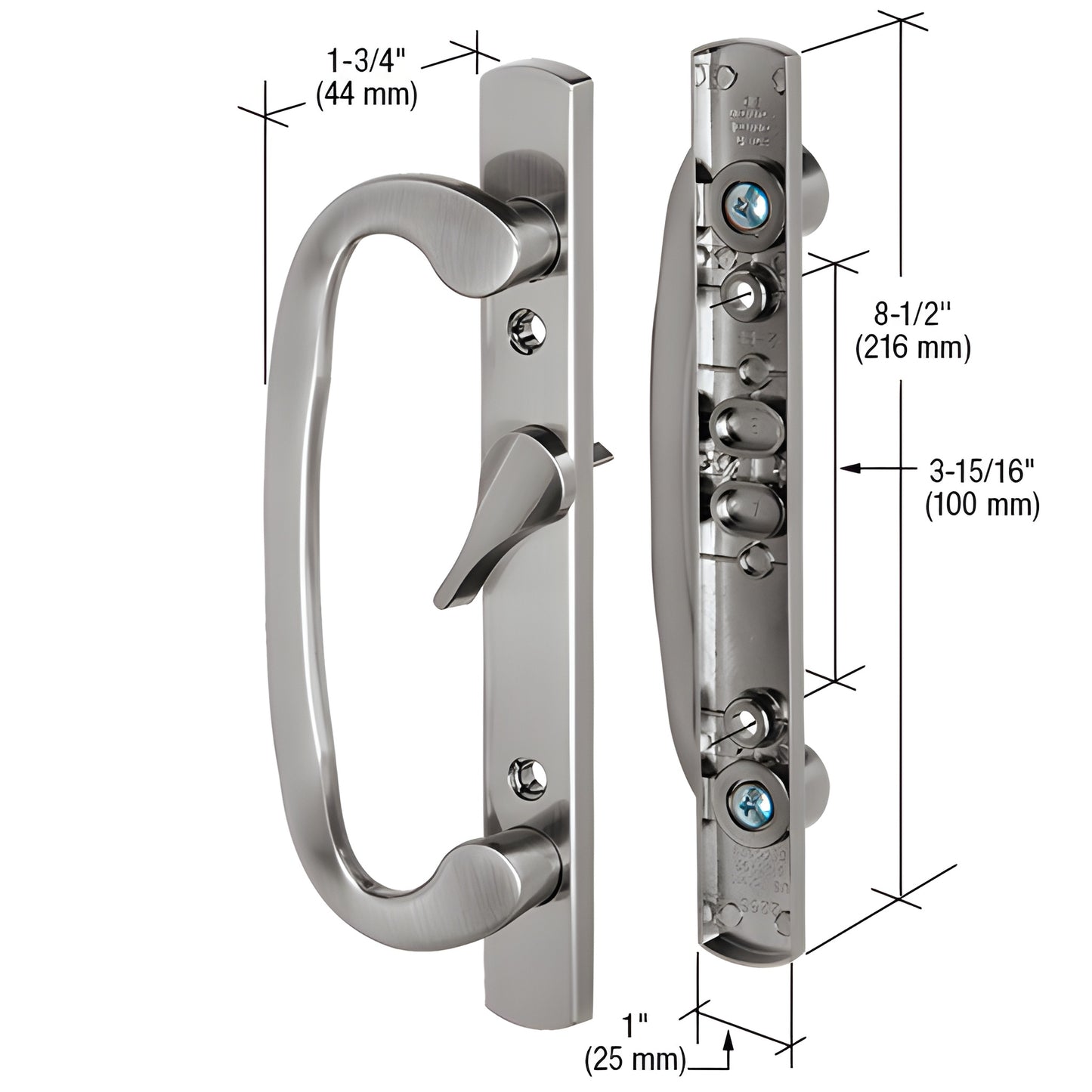 C1282 satin nickel mortise-style surface-mounted door handle set with offset thumbturn, 8-1/2in aluminum pull.