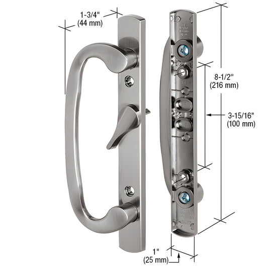C1282 satin nickel mortise-style surface-mounted door handle set with offset thumbturn, 8-1/2in aluminum pull.