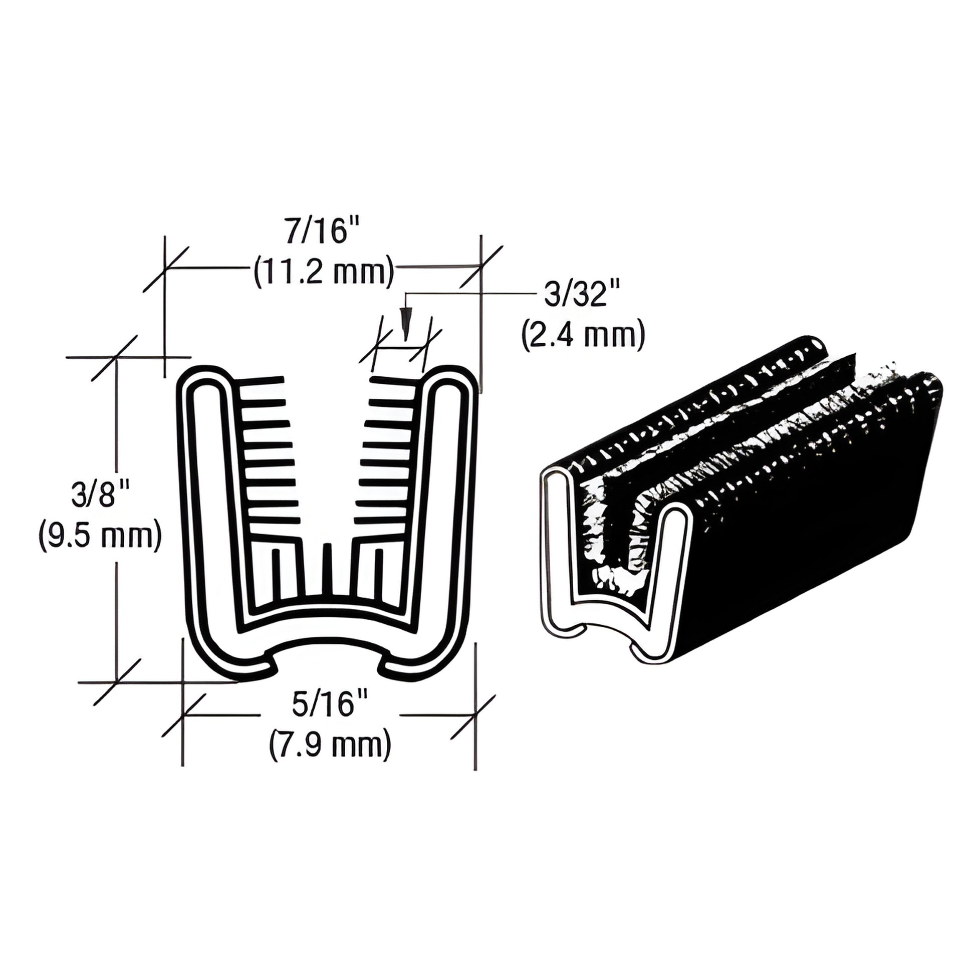 Black flexible glass run channel (SKU 21116181951), U-shaped piled seal for 3/16" (5mm) glass; cross-section with dimensions.