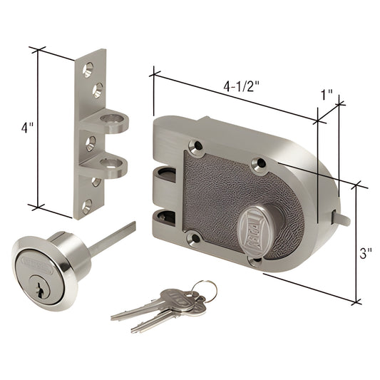 SE15328 Segal vertical deadbolt set in brushed chrome - cast bronze housing, 5 pin cylinder, keeper, keys; fits 1-2 3/8" door