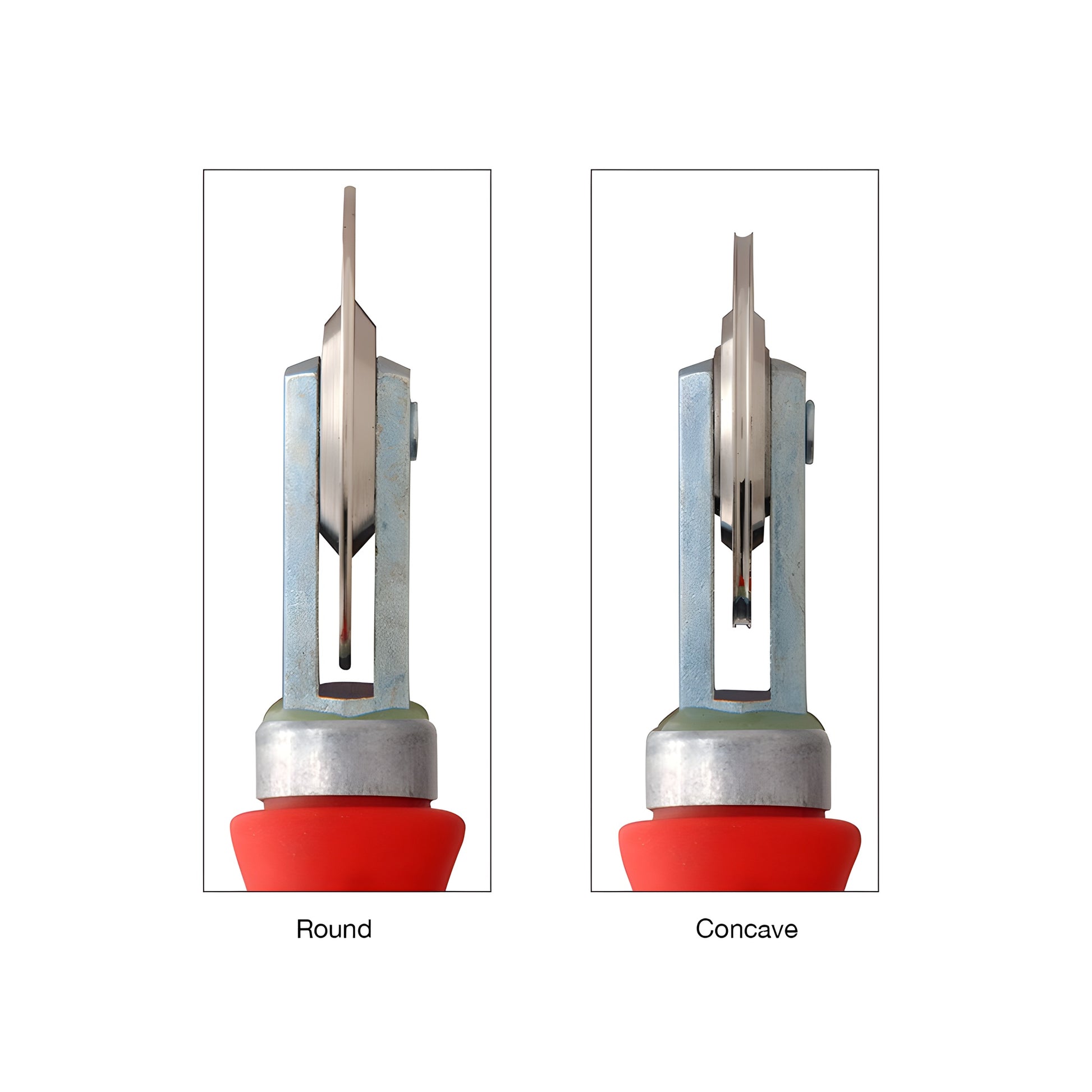 Dual steel combination roller with ball-bearing round and concave wheels, red contoured handle, SKU CGS5K6