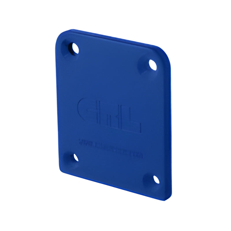Blue powder-coated aluminum fascia mount bracket end cap, 4-hole square plate for 2-3/8" posts - SKU FB1ECPT