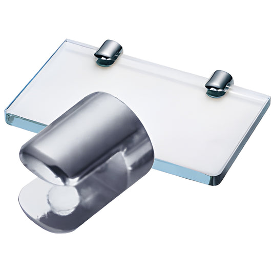 Polished chrome brass no-drill glass shelf clamp (SKU 1222CHR) holding 1/2" tempered glass, wall-mount with nylon set screw.