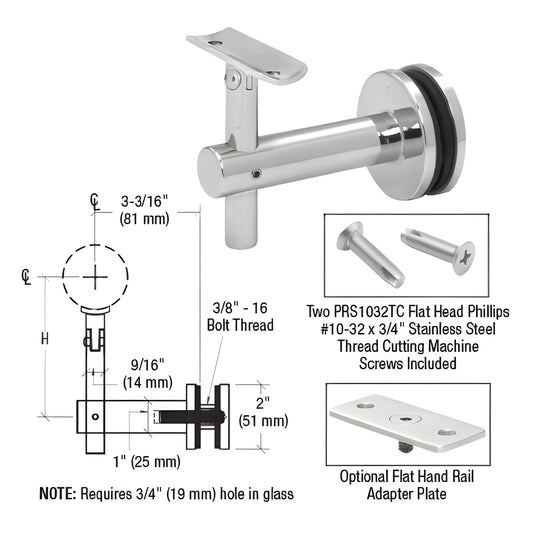 HR2JGPS polished 316 stainless 3-way adjustable glass-mounted handrail bracket for 1.5-2" tubing, fits 12-25mm glass (3/4" ho