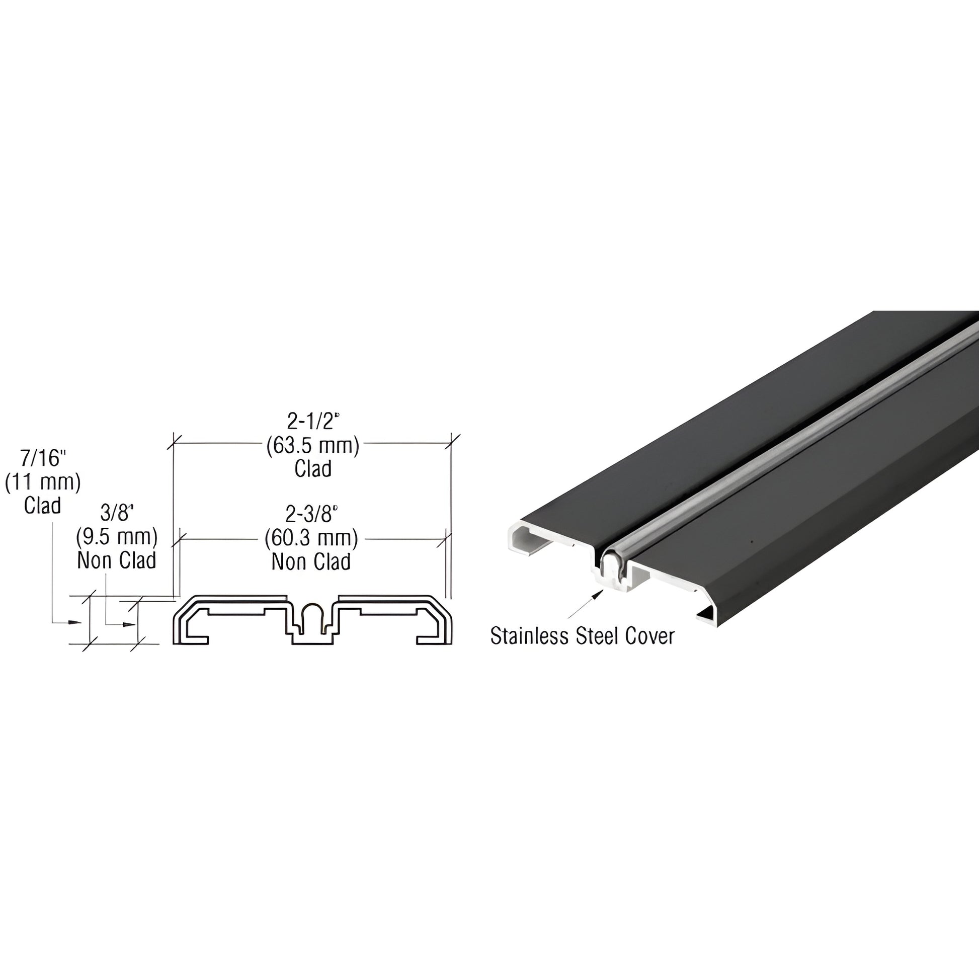 SD1BTBL gloss-black bottom track for bottom-rolling sliding doors with stainless steel roller guide cover, 2" wide, 120" long